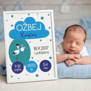 Personaliziran okvir s podatki otroka – modra štorklja