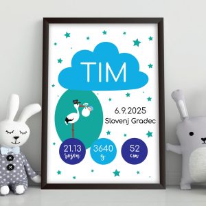 Personaliziran okvir s podatki otroka – modra štorklja