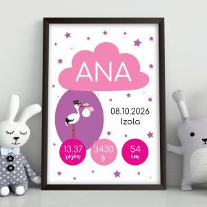 Personaliziran okvir s podatki otroka – roza štorklja