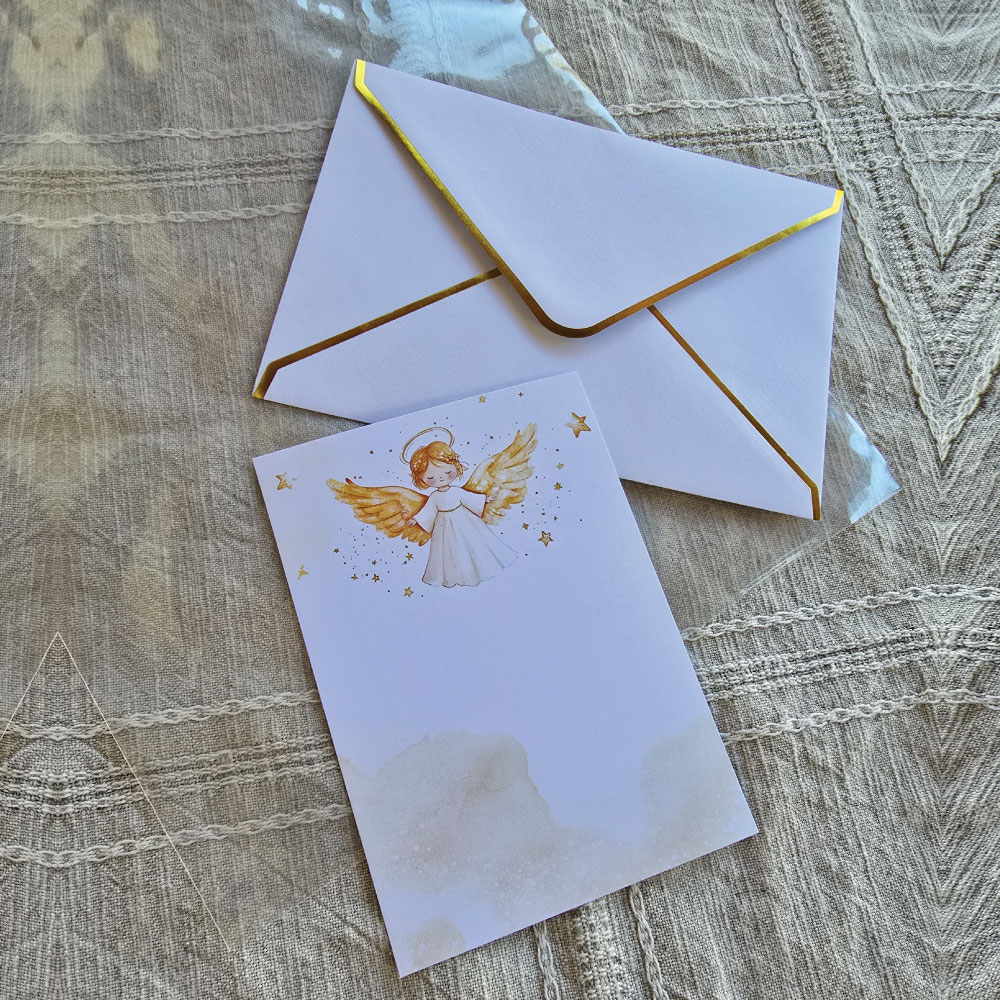 Dodatek k darilu - celofan, kuverta, voščilnica - motiv angel